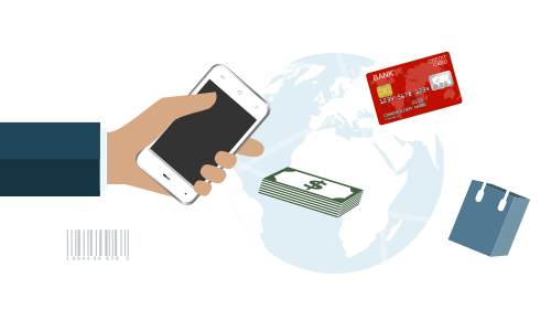 illustration of ways to make payments - hand holding a cell phone, cash, debit or credit card