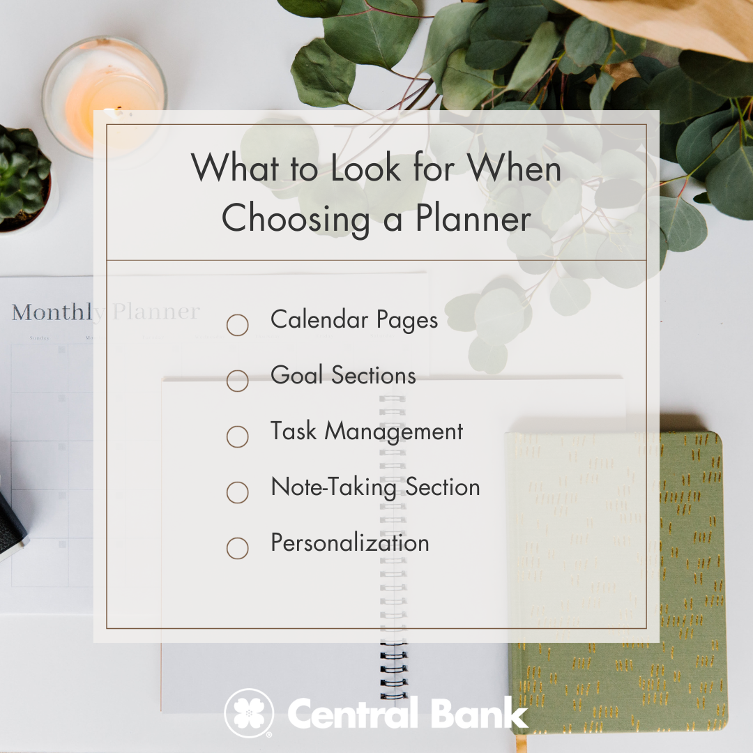 Planner infographic showing what to look for when choosing a planner including calender pages, goal sections, task management, note-taking section, and personalization