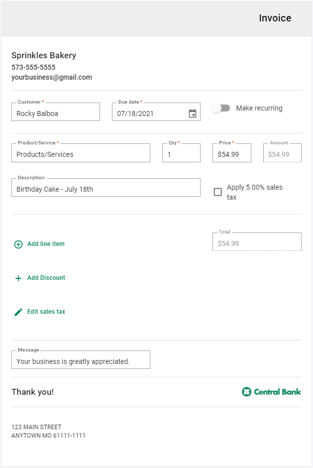 Autobooks example invoice for Sprinkles Bakery